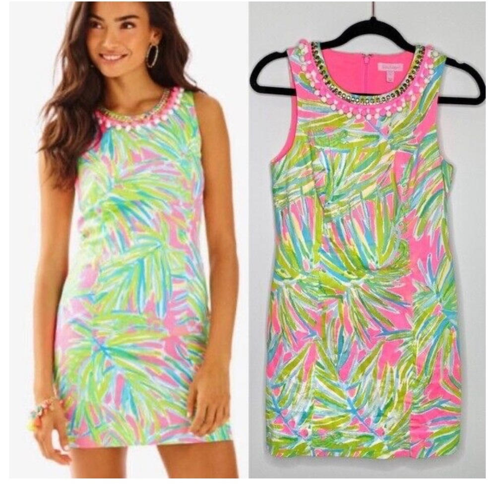Lilly Pulitzer Colorful Mila Shift Dress Pom Poms Embellished Tiki pink size 2